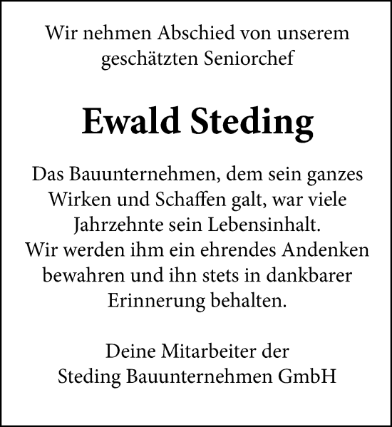 Traueranzeige von Ewald Steding von Schaumburger Nachrichten und Schaumburger Zeitung/ Landes-Zeitung