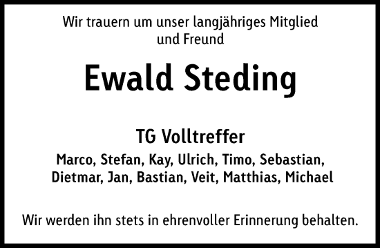 Traueranzeige von Ewald Steding von Schaumburger Nachrichten und Schaumburger Zeitung/ Landes-Zeitung