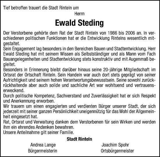 Traueranzeige von Ewald Steding von Schaumburger Nachrichten und Schaumburger Zeitung/ Landes-Zeitung