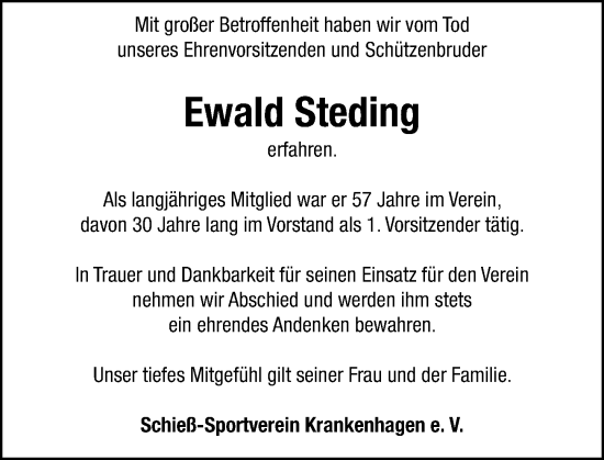 Traueranzeige von Ewald Steding von Schaumburger Nachrichten und Schaumburger Zeitung/ Landes-Zeitung