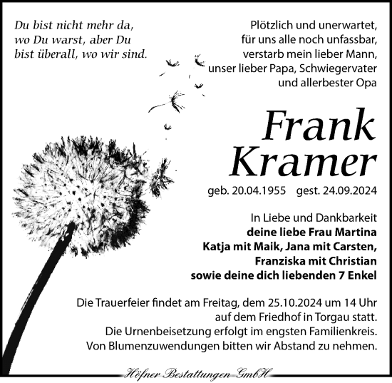 Traueranzeige von Frank Kramer von Torgauer Zeitung