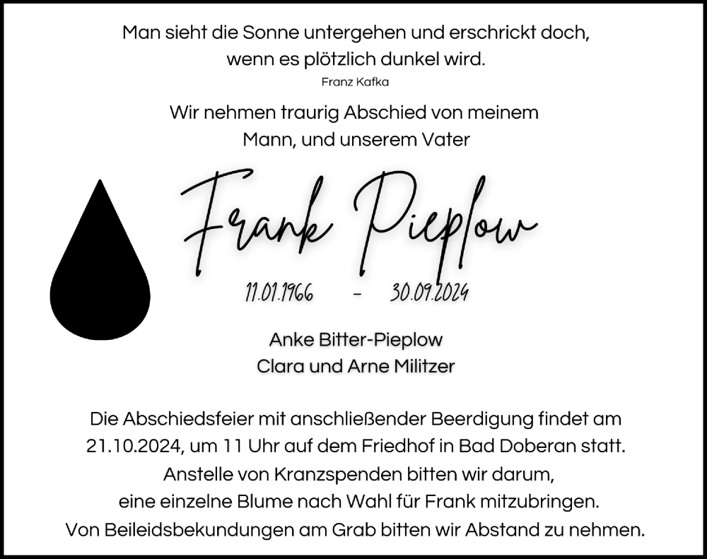  Traueranzeige für Frank Pieplow vom 12.10.2024 aus Ostsee-Zeitung GmbH