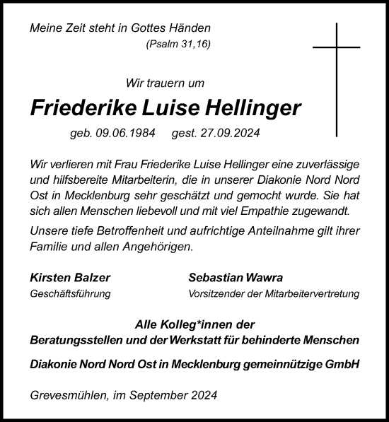 Traueranzeige von Friederike Luise Hellinger von Ostsee-Zeitung GmbH