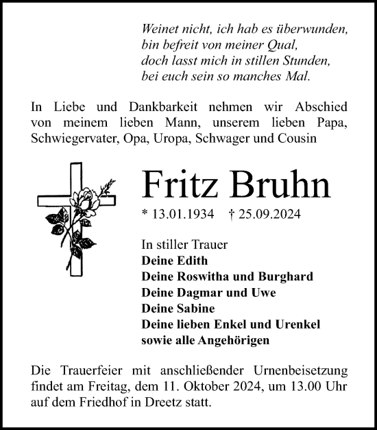 Traueranzeige von Fritz Bruhn von Wochenspiegel