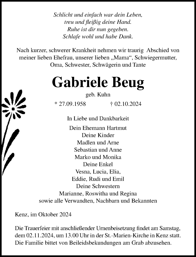  Traueranzeige für Gabriele Beug vom 12.10.2024 aus Ostsee-Zeitung GmbH