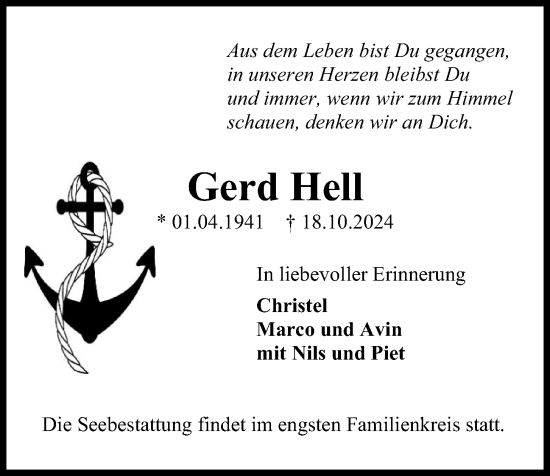 Traueranzeige von Gerd Hell von Kieler Nachrichten