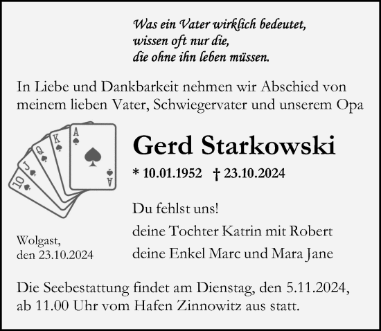 Traueranzeige von Gerd Starkowski von Ostsee-Zeitung GmbH