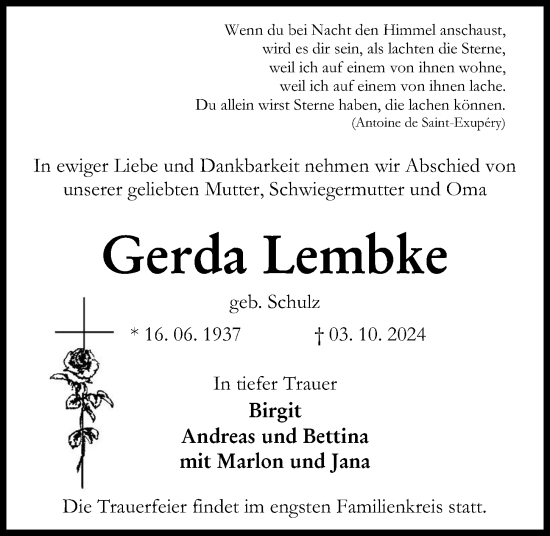 Traueranzeige von Gerda Lembke von Kieler Nachrichten