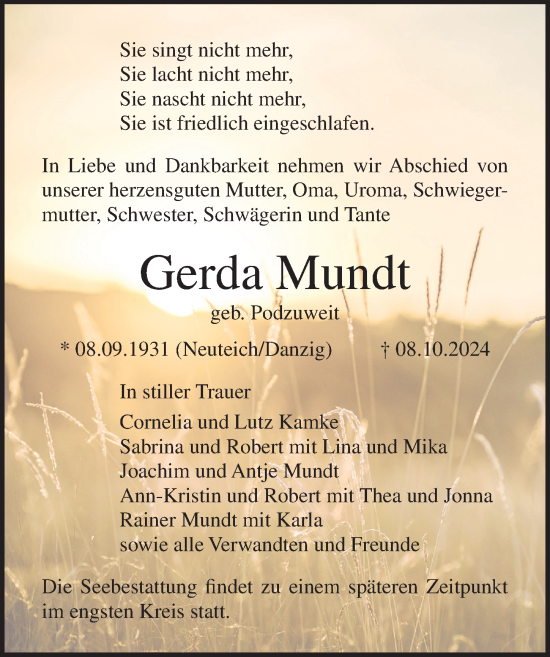 Traueranzeige von Gerda Mundt von Lübecker Nachrichten