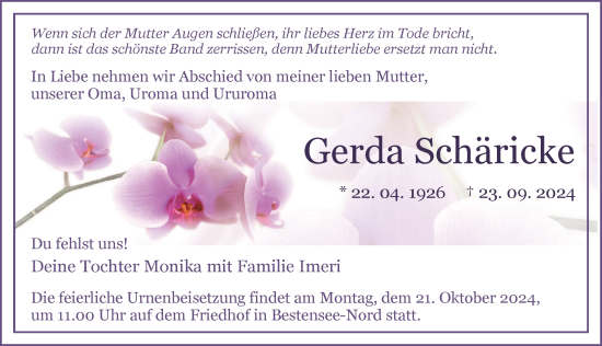 Traueranzeige von Gerda Schäricke von Märkischen Allgemeine Zeitung