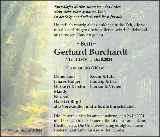 Traueranzeige von Gerhard Burchardt von Ostsee-Zeitung GmbH