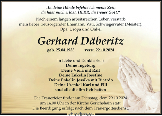 Traueranzeige von Gerhard Däberitz von Leipziger Volkszeitung