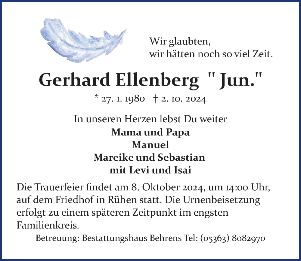  Traueranzeige für Gerhard Ellenberg vom 07.10.2024 aus Aller Zeitung