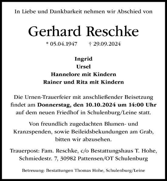 Traueranzeige von Gerhard Reschke von Hannoversche Allgemeine Zeitung/Neue Presse