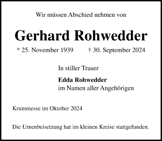 Traueranzeige von Gerhard Rohwedder von Lübecker Nachrichten