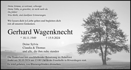 Traueranzeige von Gerhard Wagenknecht von Ostsee-Zeitung GmbH