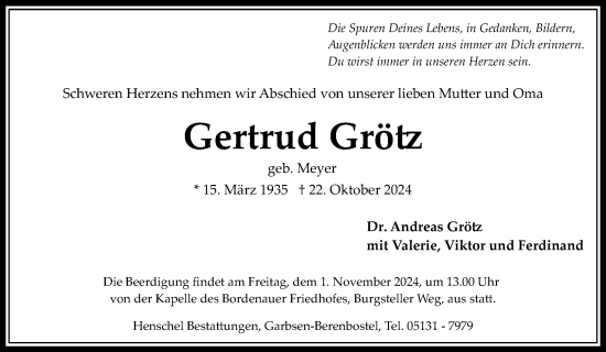 Traueranzeige von Gertrud Grötz von Hannoversche Allgemeine Zeitung/Neue Presse