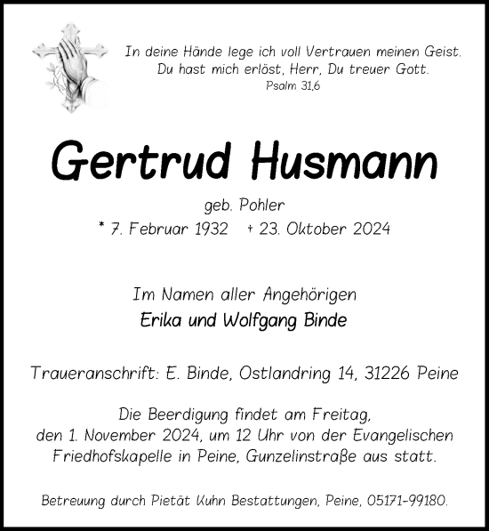 Traueranzeige von Gertrud Husmann von Peiner Allgemeine Zeitung