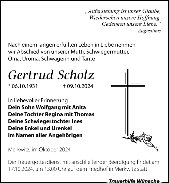 Traueranzeige von Gertrud Scholz von Leipziger Volkszeitung