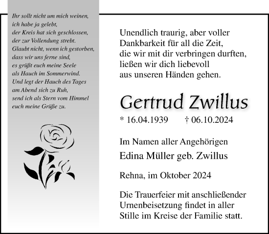 Traueranzeige von Gertrud Zwillus von Ostsee-Zeitung GmbH