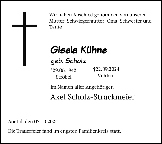 Traueranzeige von Gisela Kühne von Schaumburger Nachrichten