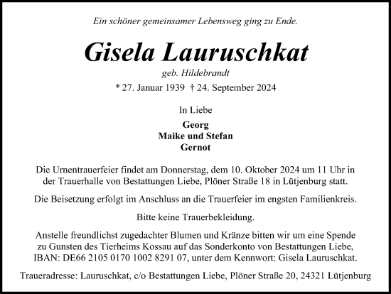 Traueranzeige von Gisela Lauruschkat von Kieler Nachrichten