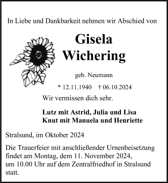 Traueranzeige von Gisela Wichering von Ostsee-Zeitung GmbH