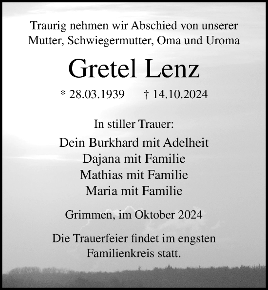 Traueranzeige von Gretel Lenz von Ostsee-Zeitung GmbH