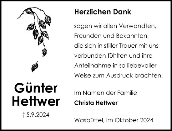 Traueranzeige von Günter Hettwer von Aller Zeitung