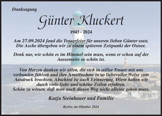 Traueranzeige von Günter Kluckert von Wochenspiegel