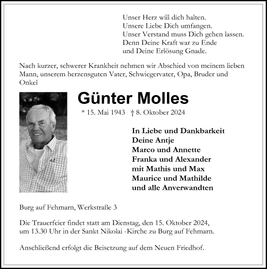 Traueranzeige von Günter Molles von Lübecker Nachrichten