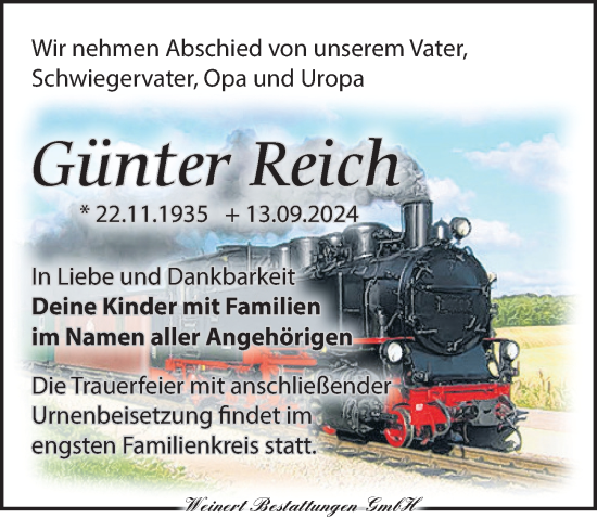 Traueranzeige von Günter Reich von Torgauer Zeitung