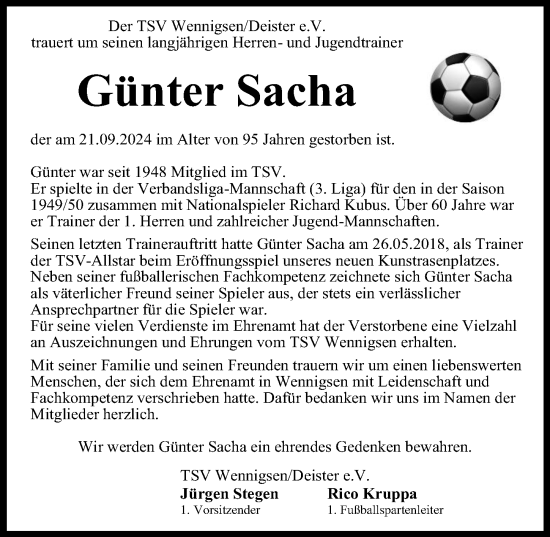 Traueranzeige von Günter Sacha von Hannoversche Allgemeine Zeitung/Neue Presse