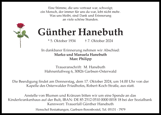 Traueranzeige von Günther Hanebuth von Hannoversche Allgemeine Zeitung/Neue Presse