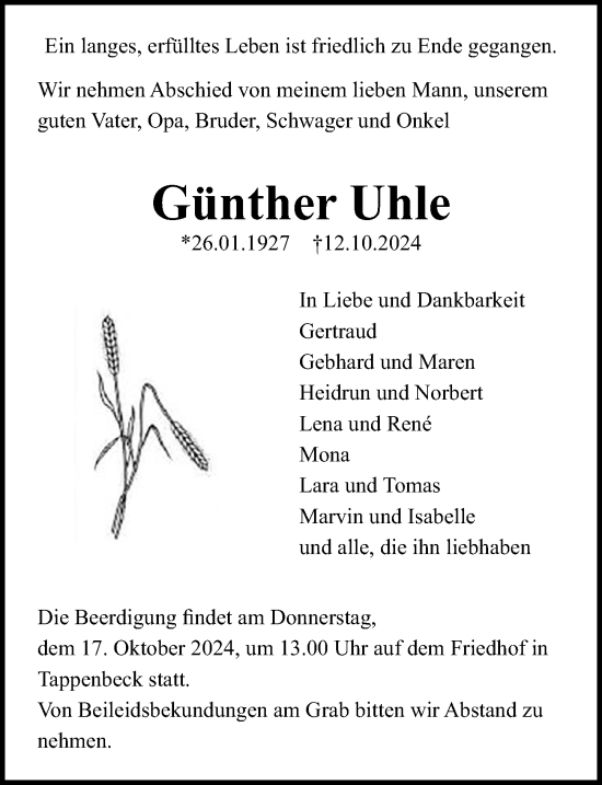 Traueranzeige von Günther Uhle von Aller Zeitung