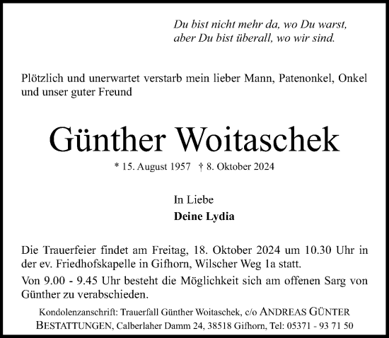 Traueranzeige von Günther Woitaschek von Aller Zeitung