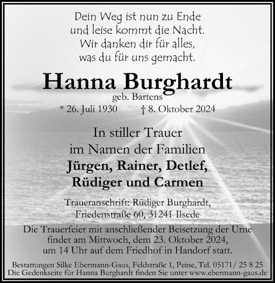 Traueranzeige von Hanna Burghardt von Peiner Allgemeine Zeitung