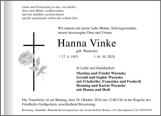 Traueranzeige von Hanna Vinke von Hannoversche Allgemeine Zeitung/Neue Presse