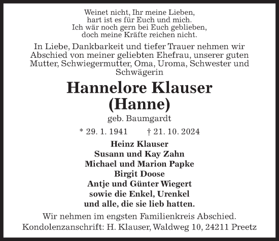 Traueranzeige von Hannelore Klauser von Kieler Nachrichten