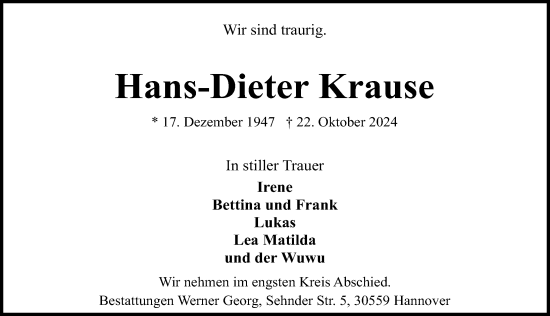 Traueranzeige von Hans-Dieter Krause von Hannoversche Allgemeine Zeitung/Neue Presse