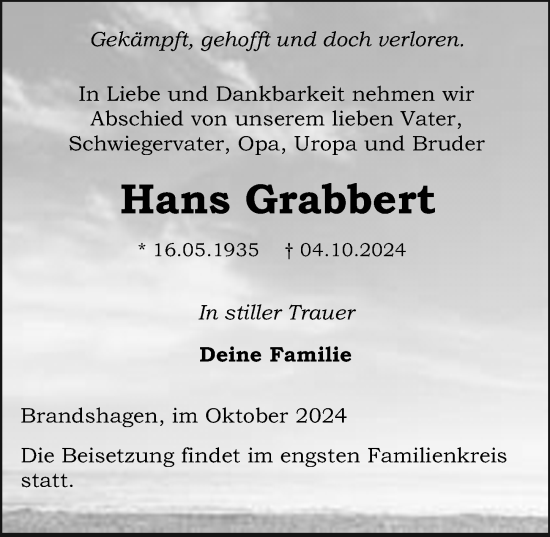 Traueranzeige von Hans Grabbert von Ostsee-Zeitung GmbH