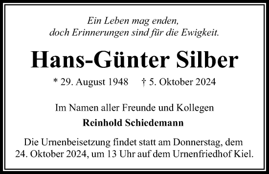 Traueranzeige von Hans-Günter Silber von Kieler Nachrichten