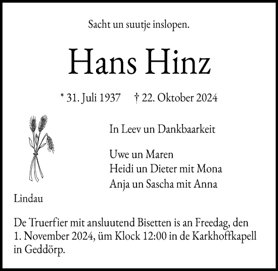 Traueranzeige von Hans Hinz von Kieler Nachrichten