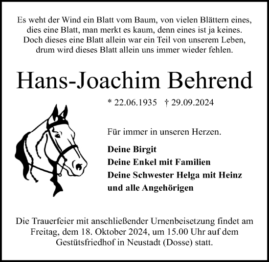 Traueranzeige von Hans-Joachim Behrend von Wochenspiegel