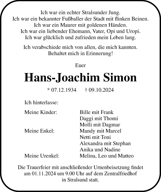 Traueranzeige von Hans-Joachim Simon von Ostsee-Zeitung GmbH