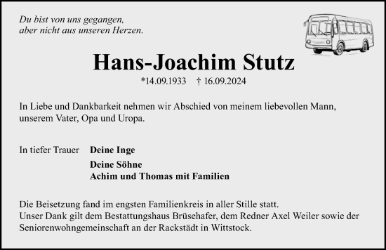 Traueranzeige von Hans-Joachim Stutz von Wochenspiegel