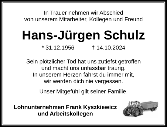 Traueranzeige von Hans-Jürgen Schulz von Aller Zeitung