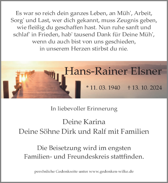 Traueranzeige von Hans-Rainer Elsner von Märkischen Allgemeine Zeitung