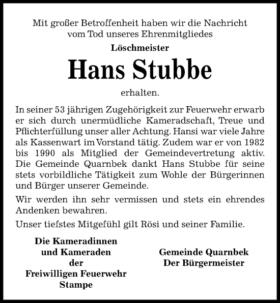 Traueranzeige von Hans Stubbe von Kieler Nachrichten