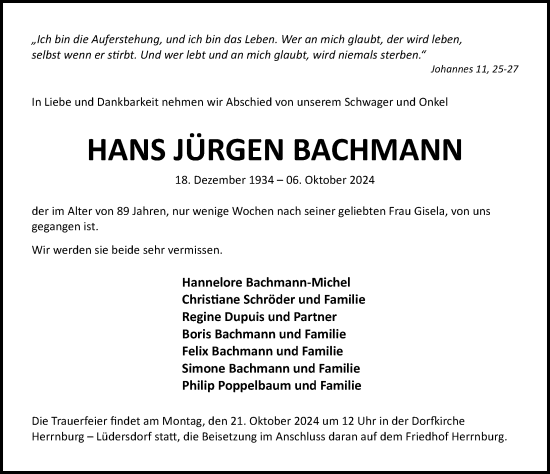 Traueranzeige von Hans Jürgen Bachmann von Lübecker Nachrichten